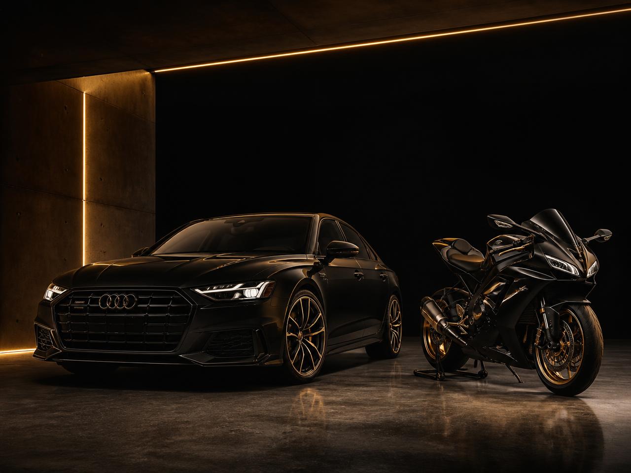 Carro e moto em estúdio com iluminação dourada